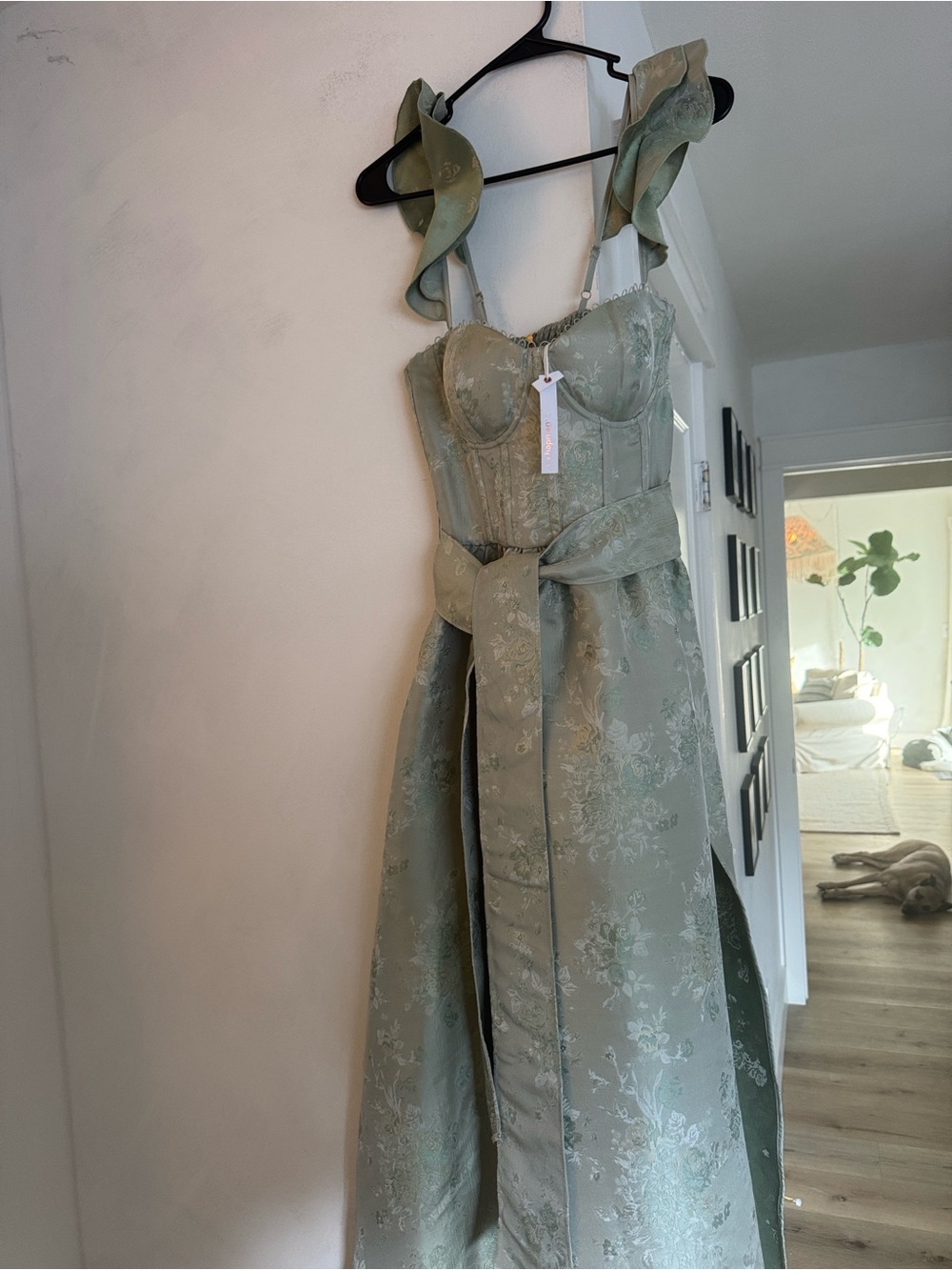 V. Chapman Veronica Sage Green Corset Ruffle Side-Slit Dress (Size 4) NWT - Picture 6 of 8